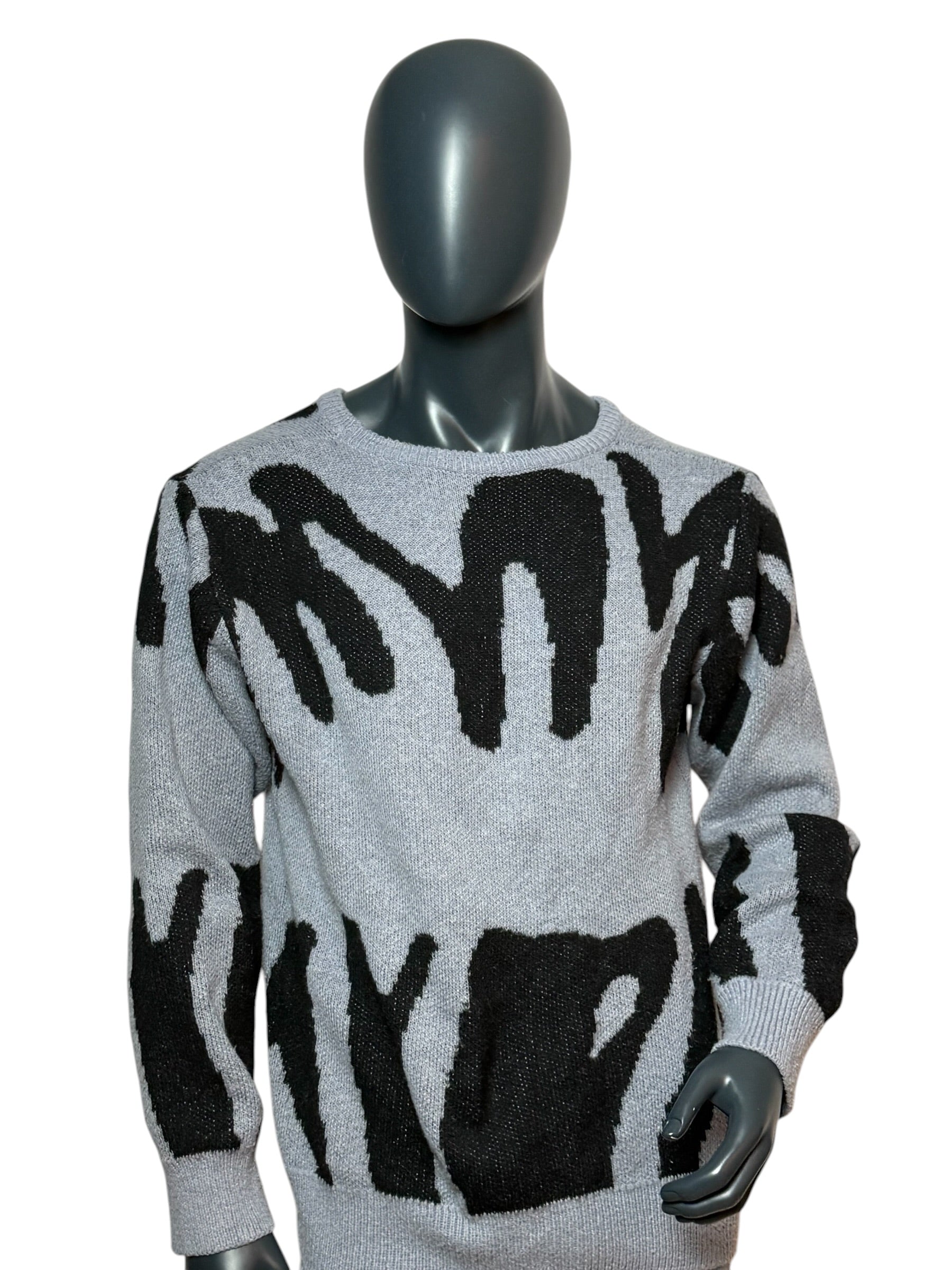 Vintage Abstract Knit Sweater Grau/Schwarz, Pattern, 90s, Unisex
